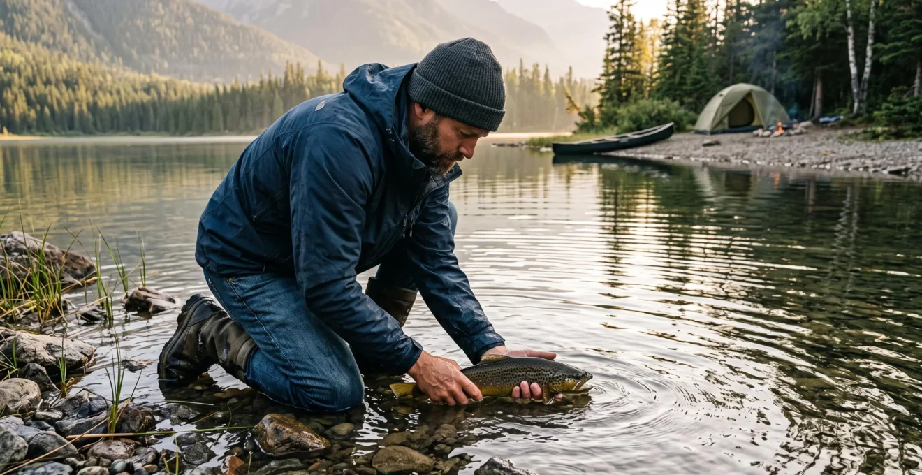 An angler kneeling in shallow lake water near a campsite, holding a trout upright with wet hands to revive it before release.