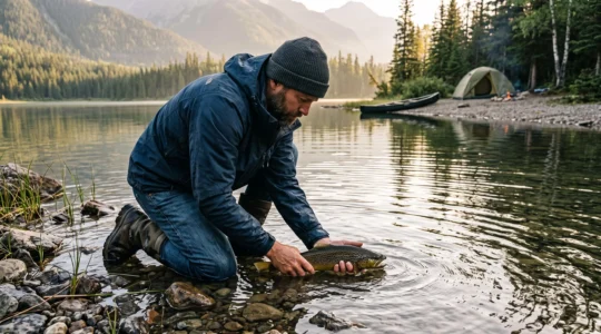 An angler kneeling in shallow lake water near a campsite, holding a trout upright with wet hands to revive it before release.