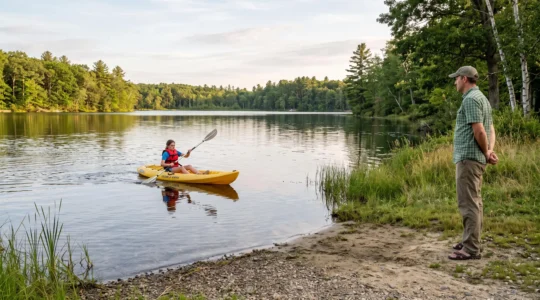 A beginner paddles a sit-on-top kayak across a small calm lake while an adult supervises from the shore.