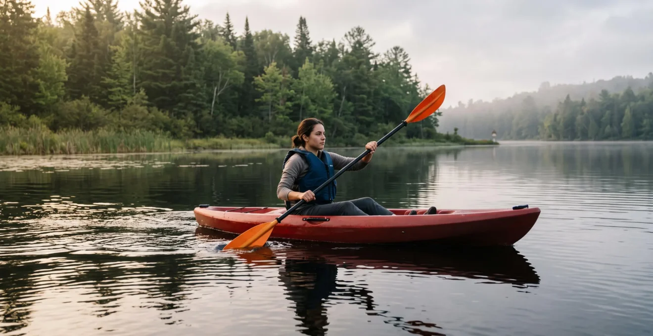 A beginner kayaker paddles a sit-on-top kayak on a calm lake using a rotated torso stroke with the paddle blade fully submerged.