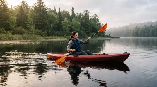 A beginner kayaker paddles a sit-on-top kayak on a calm lake using a rotated torso stroke with the paddle blade fully submerged.