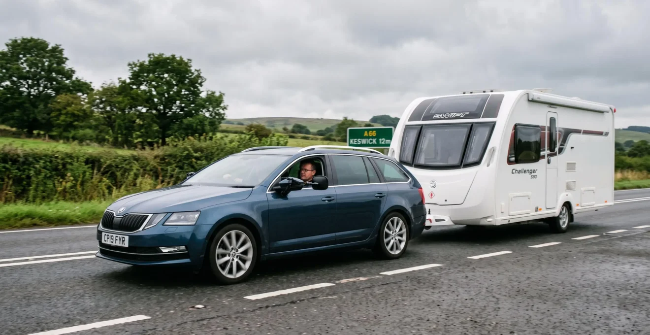 A car towing a caravan on a rural dual carriageway, the driver holding the wheel while extension mirrors show the road behind the caravan.