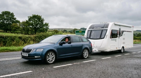 A car towing a caravan on a rural dual carriageway, the driver holding the wheel while extension mirrors show the road behind the caravan.