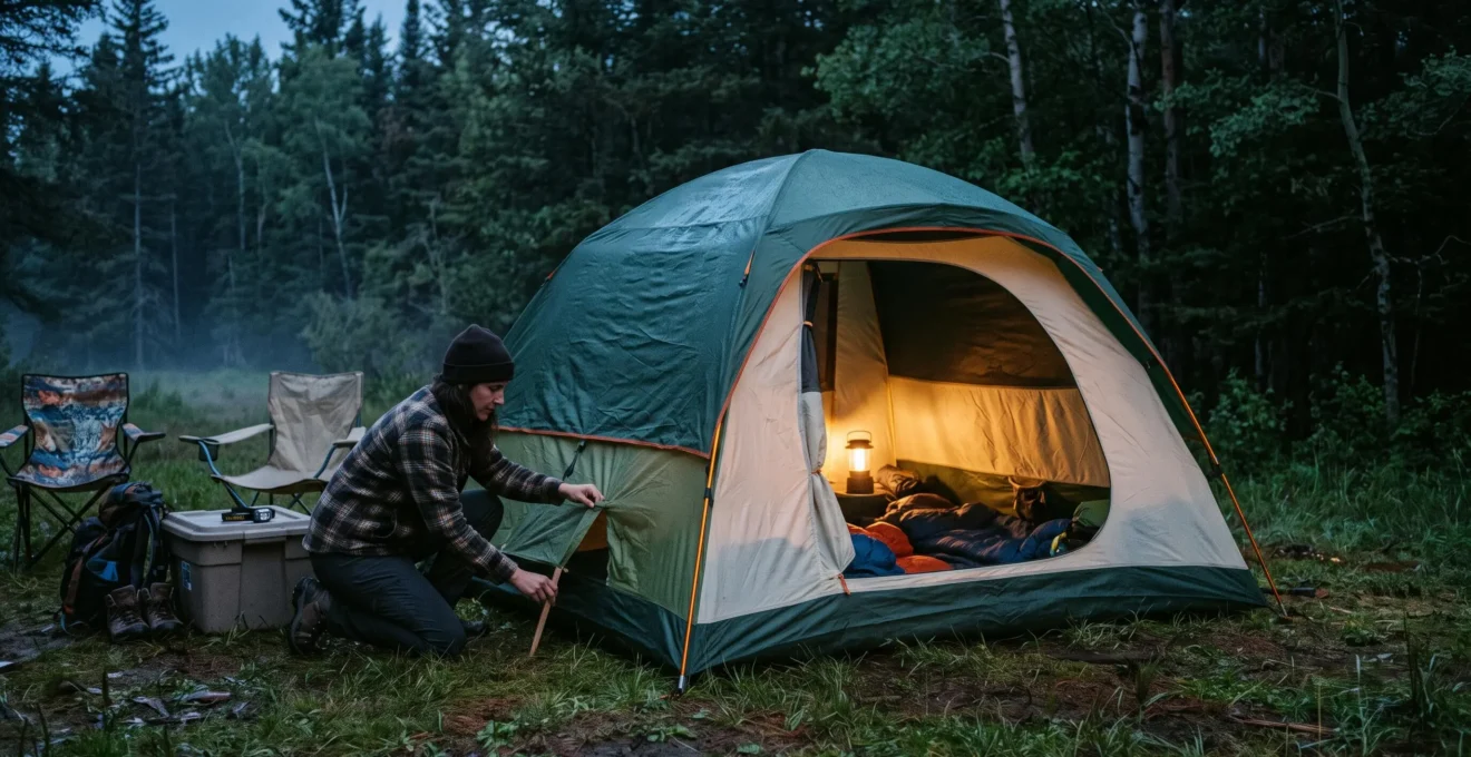 A family tent at dusk with its rainfly pitched apart from the inner canopy while a parent props open a low vent flap.
