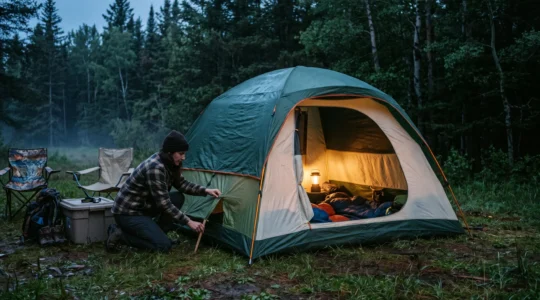 A family tent at dusk with its rainfly pitched apart from the inner canopy while a parent props open a low vent flap.