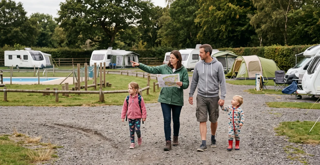 A family of four walks across a campsite, the mother holding a site map and pointing toward a fenced playground and pool.