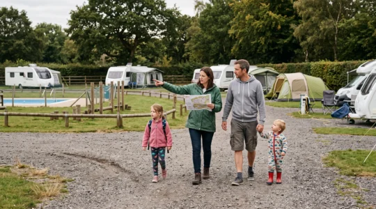 A family of four walks across a campsite, the mother holding a site map and pointing toward a fenced playground and pool.