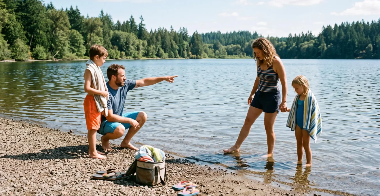 A family checking the shallow entry of a natural lake before swimming, with a parent testing the water at the shoreline.