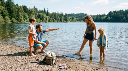 A family checking the shallow entry of a natural lake before swimming, with a parent testing the water at the shoreline.