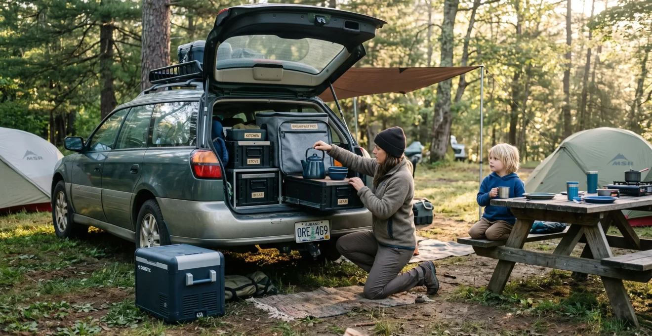 A parent kneeling at the open tailgate of a car takes a kettle and bowls from a top-access camping kitchen box while a child waits at a nearby picnic table.