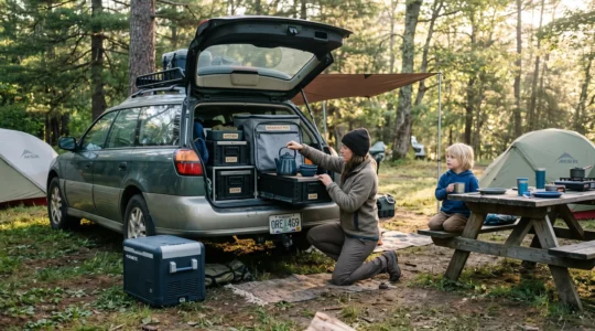 A parent kneeling at the open tailgate of a car takes a kettle and bowls from a top-access camping kitchen box while a child waits at a nearby picnic table.