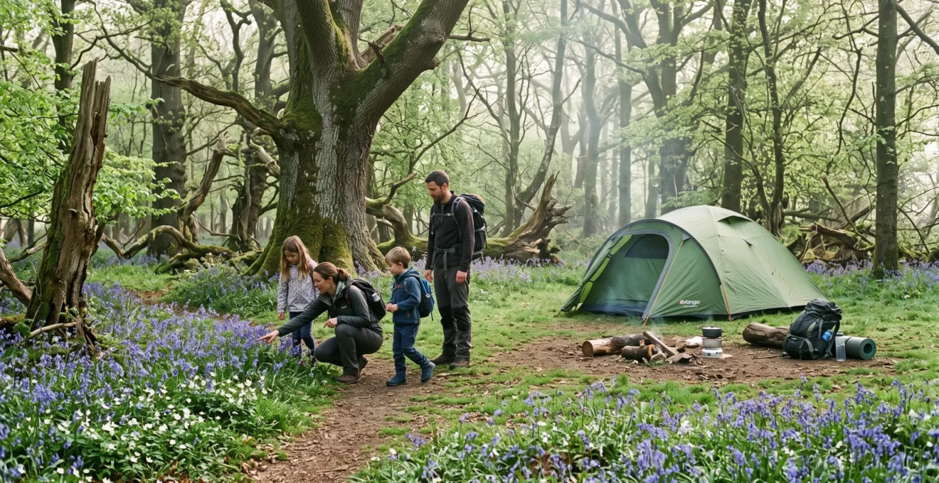 A family campsite with a green tent pitched on short turf away from large old trees, in a spring woodland where bluebells cover the ground beside a narrow path.