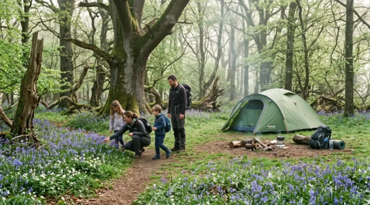 A family campsite with a green tent pitched on short turf away from large old trees, in a spring woodland where bluebells cover the ground beside a narrow path.
