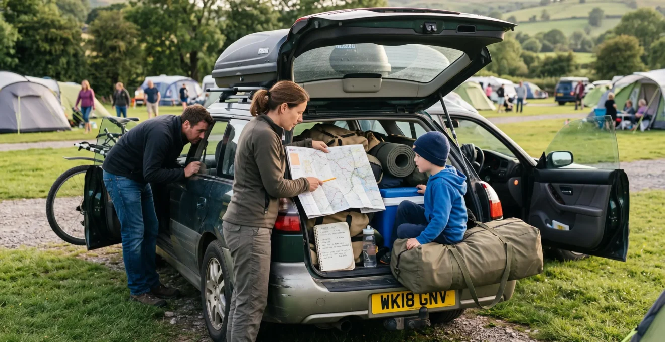 A family plans a camping route over a map spread on the tailgate of a loaded car at a campsite.