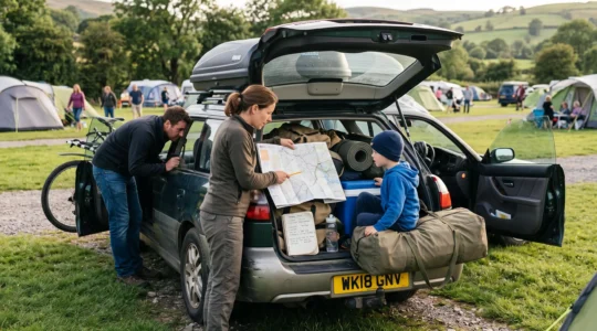 A family plans a camping route over a map spread on the tailgate of a loaded car at a campsite.