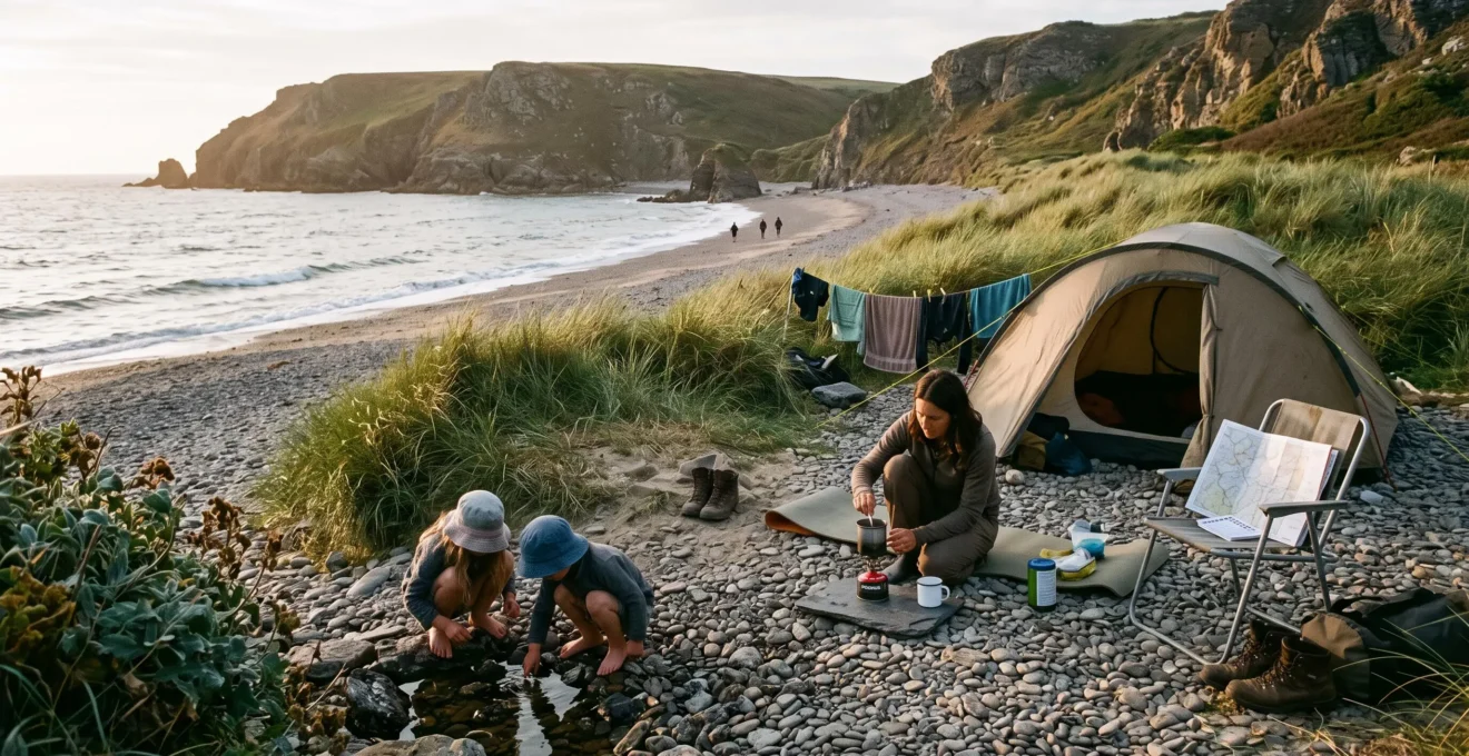 A family camping beside an empty cove at golden hour, with children exploring a rock pool and an adult preparing coffee near the tent.