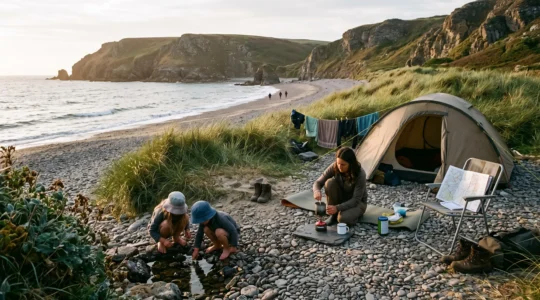 A family camping beside an empty cove at golden hour, with children exploring a rock pool and an adult preparing coffee near the tent.