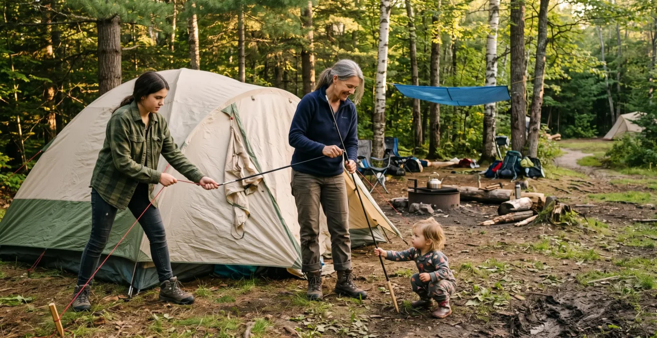 A family with a toddler and a teenager pitching a tent together at a forest campsite in late afternoon light.