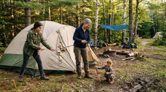 A family with a toddler and a teenager pitching a tent together at a forest campsite in late afternoon light.
