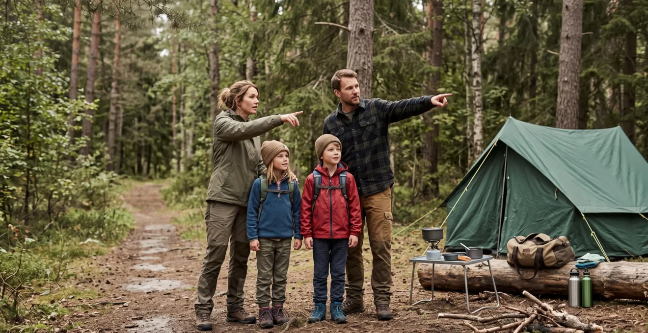 A family with backpacks stands at the edge of a forest campsite at dawn, looking toward a wooded trail while the parents point ahead.
