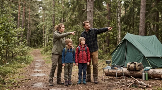 A family with backpacks stands at the edge of a forest campsite at dawn, looking toward a wooded trail while the parents point ahead.