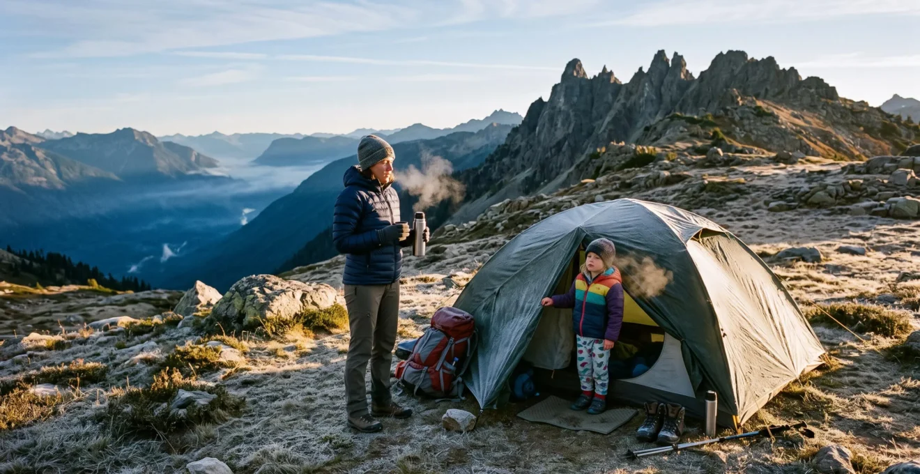 A family at a frost-covered mountain campsite in cold morning light, with the valley visible far below.