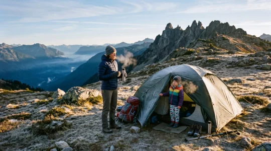 A family at a frost-covered mountain campsite in cold morning light, with the valley visible far below.