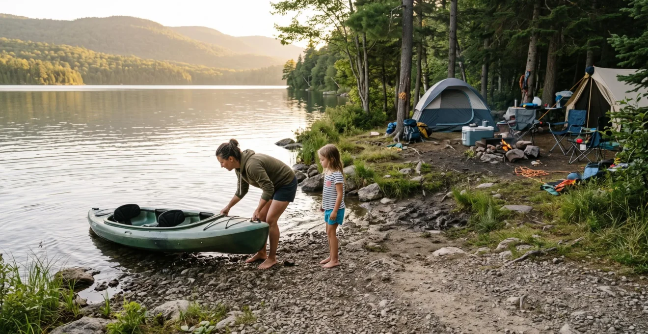 A family at a lakeside campsite launching a kayak from a gravel access point surrounded by trees.