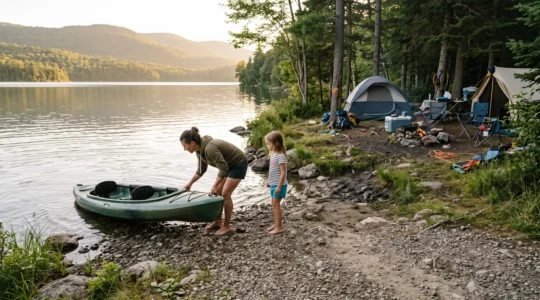 A family at a lakeside campsite launching a kayak from a gravel access point surrounded by trees.