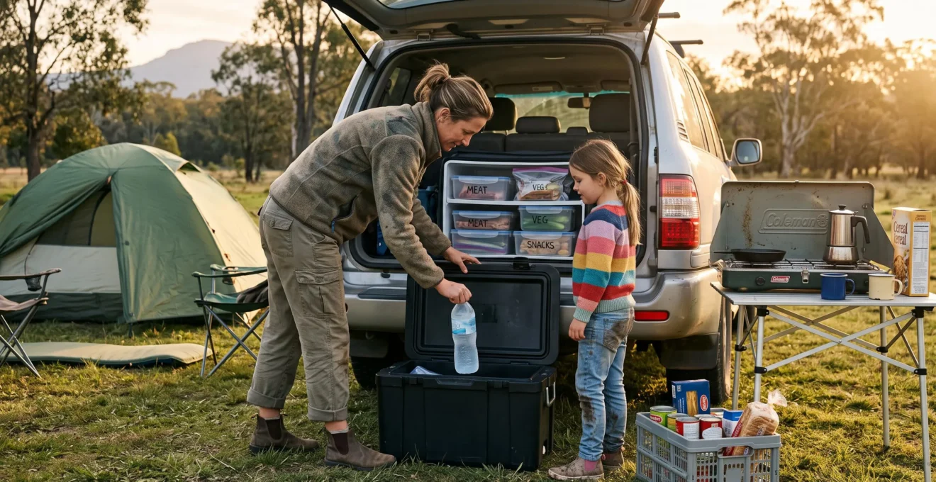 A parent lifting frozen water bottles from a layered cool box on the open tailgate of an SUV at a family campsite with a tent and cooking gear.