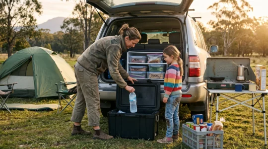 A parent lifting frozen water bottles from a layered cool box on the open tailgate of an SUV at a family campsite with a tent and cooking gear.