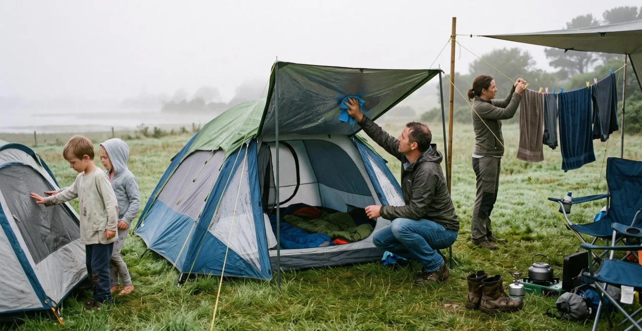 A family manages morning condensation at a humid coastal campsite, wiping the tent flysheet and hanging damp clothes to dry.