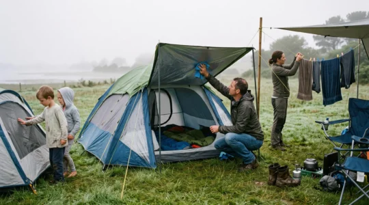 A family manages morning condensation at a humid coastal campsite, wiping the tent flysheet and hanging damp clothes to dry.