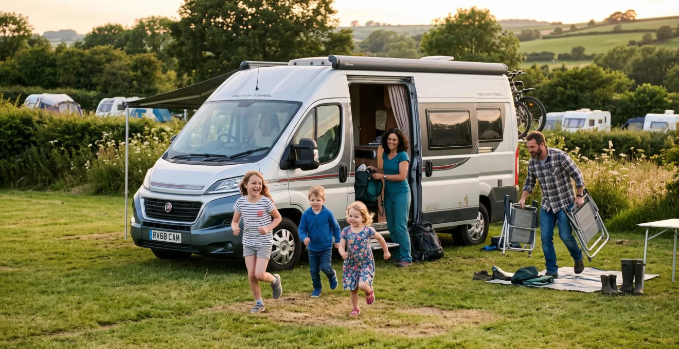 A family settling into a campsite next to their motorhome with the awning open and children playing on the grass.
