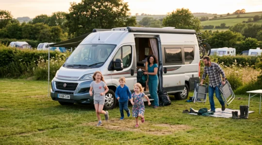 A family settling into a campsite next to their motorhome with the awning open and children playing on the grass.