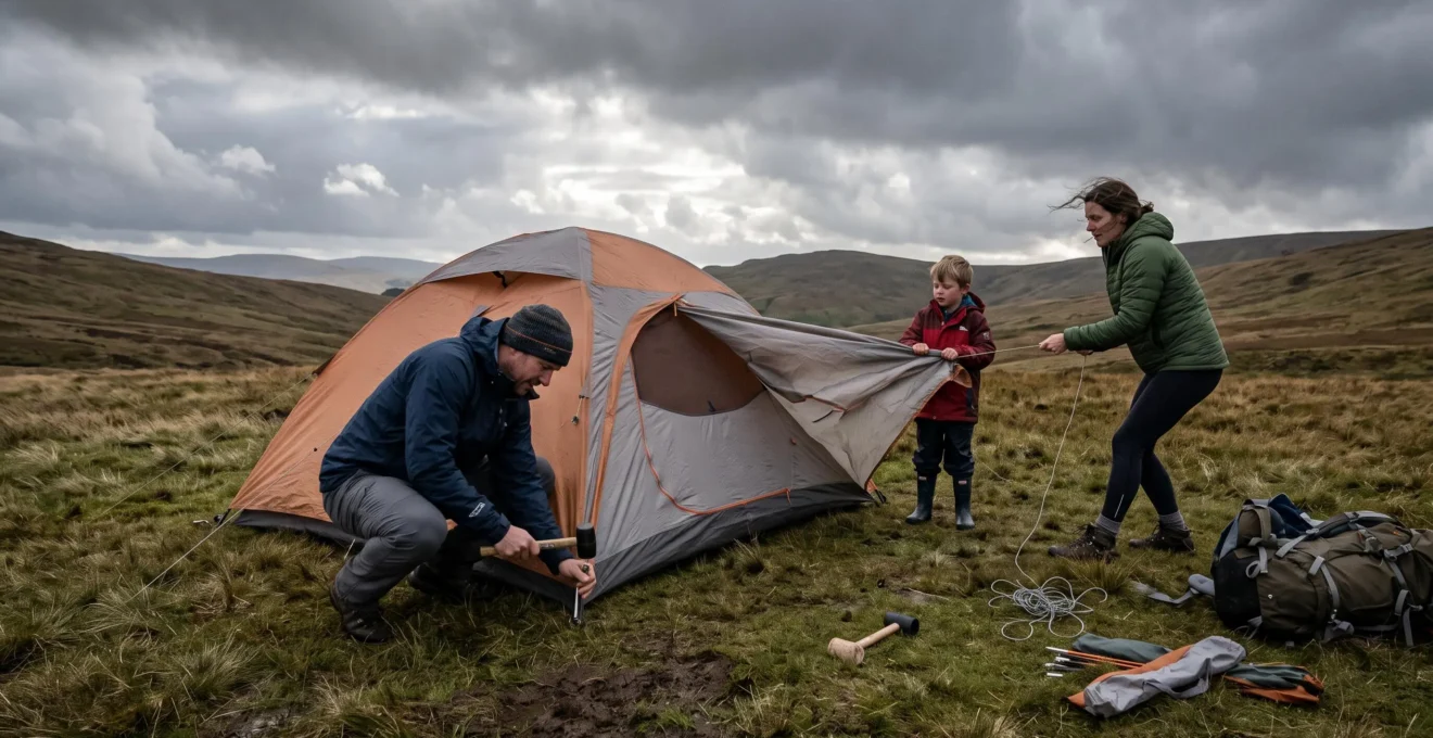 A family pitching a dome tent on a windy campsite under storm clouds, with one person driving a peg and another tensioning a guy line.