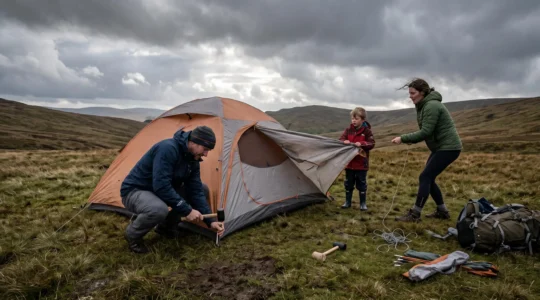 A family pitching a dome tent on a windy campsite under storm clouds, with one person driving a peg and another tensioning a guy line.