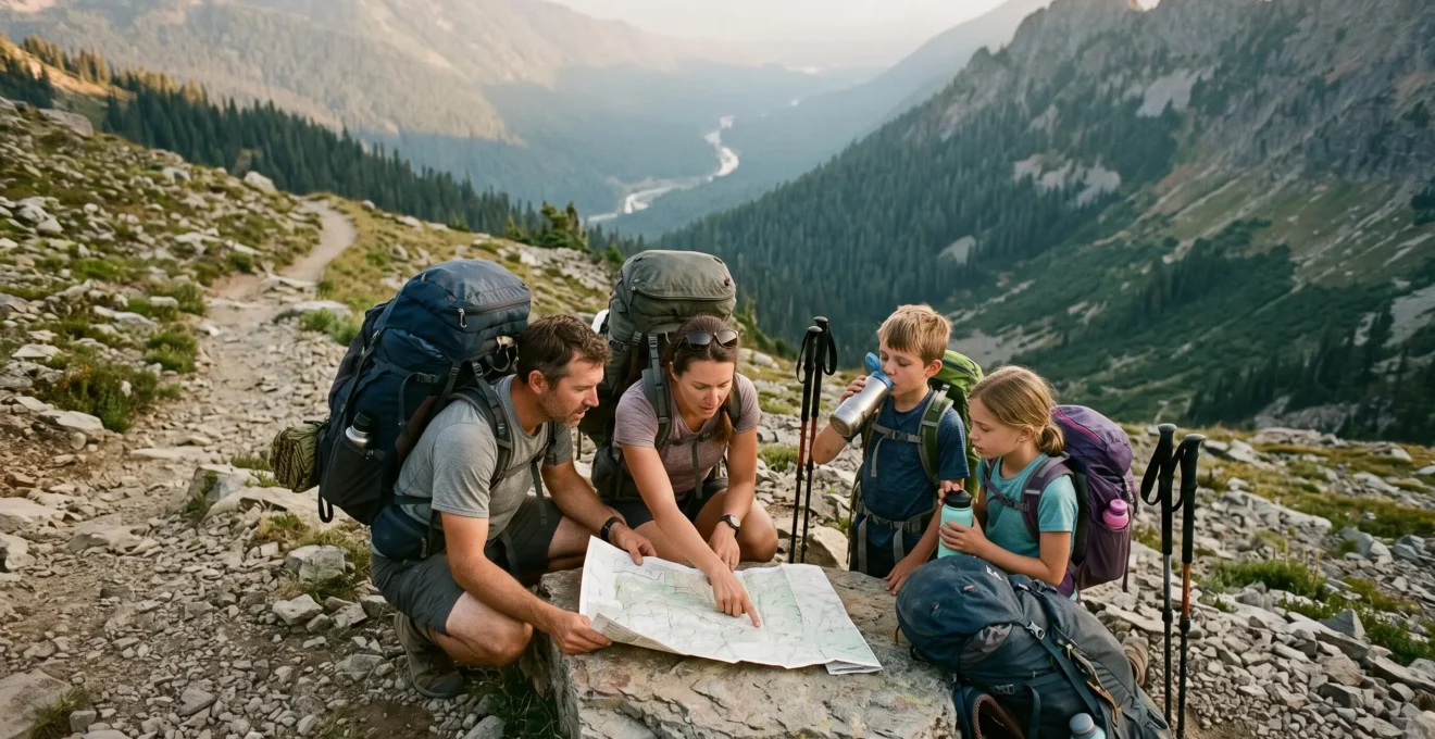 A family of backpackers with loaded packs studies a paper map on a rock along a remote mountain trail at sunset, planning their multi-day route.