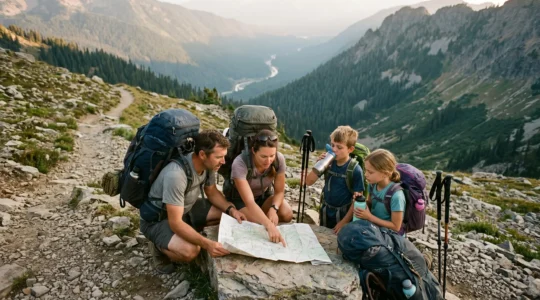A family of backpackers with loaded packs studies a paper map on a rock along a remote mountain trail at sunset, planning their multi-day route.