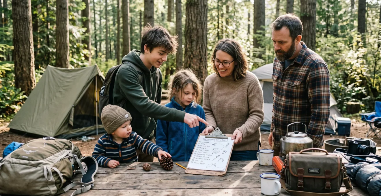 A family with three children of different ages studies a scavenger hunt checklist at a picnic table in a forest campsite in the morning.
