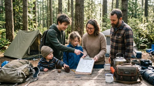 A family with three children of different ages studies a scavenger hunt checklist at a picnic table in a forest campsite in the morning.