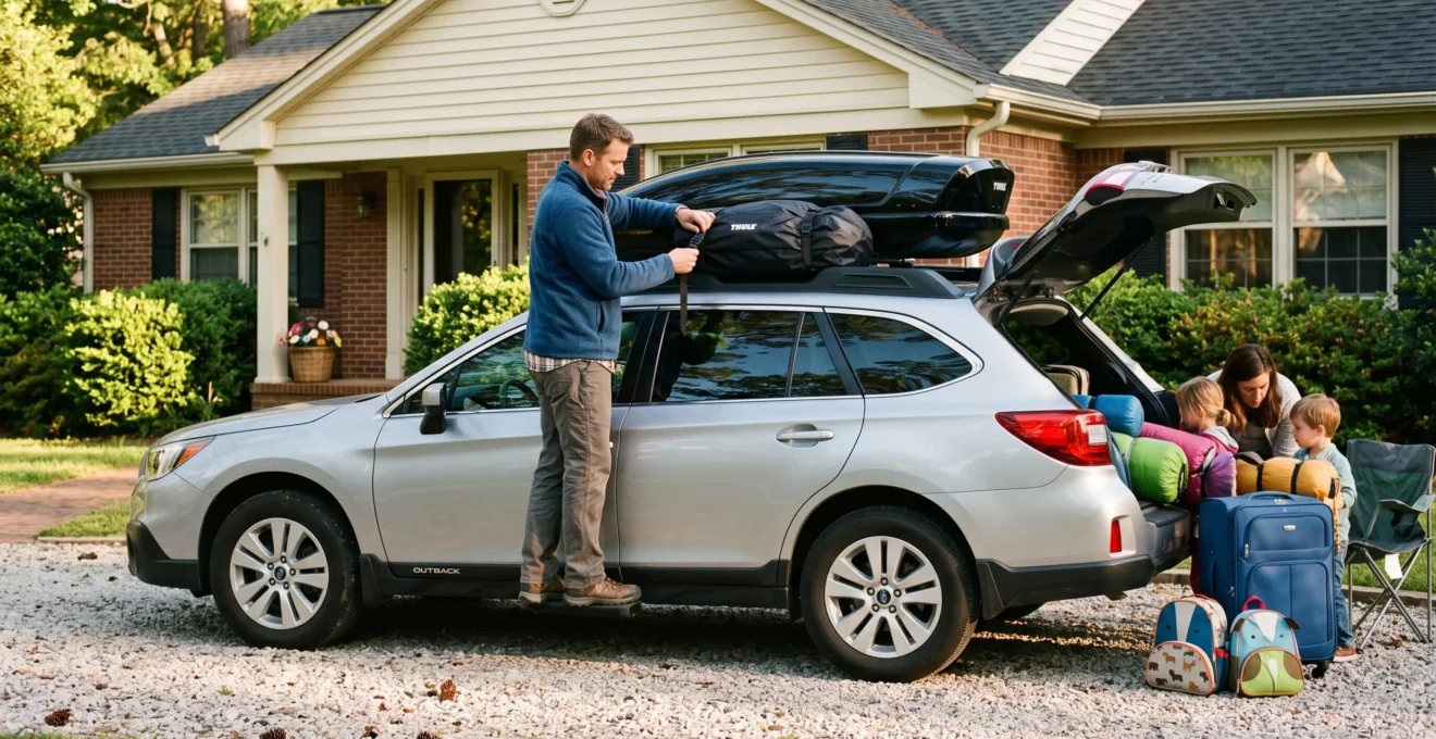 A father tightening the straps of a loaded roof cargo box on the family car before a camping trip.