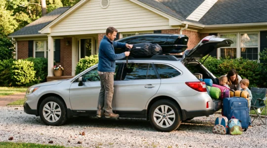 A father tightening the straps of a loaded roof cargo box on the family car before a camping trip.