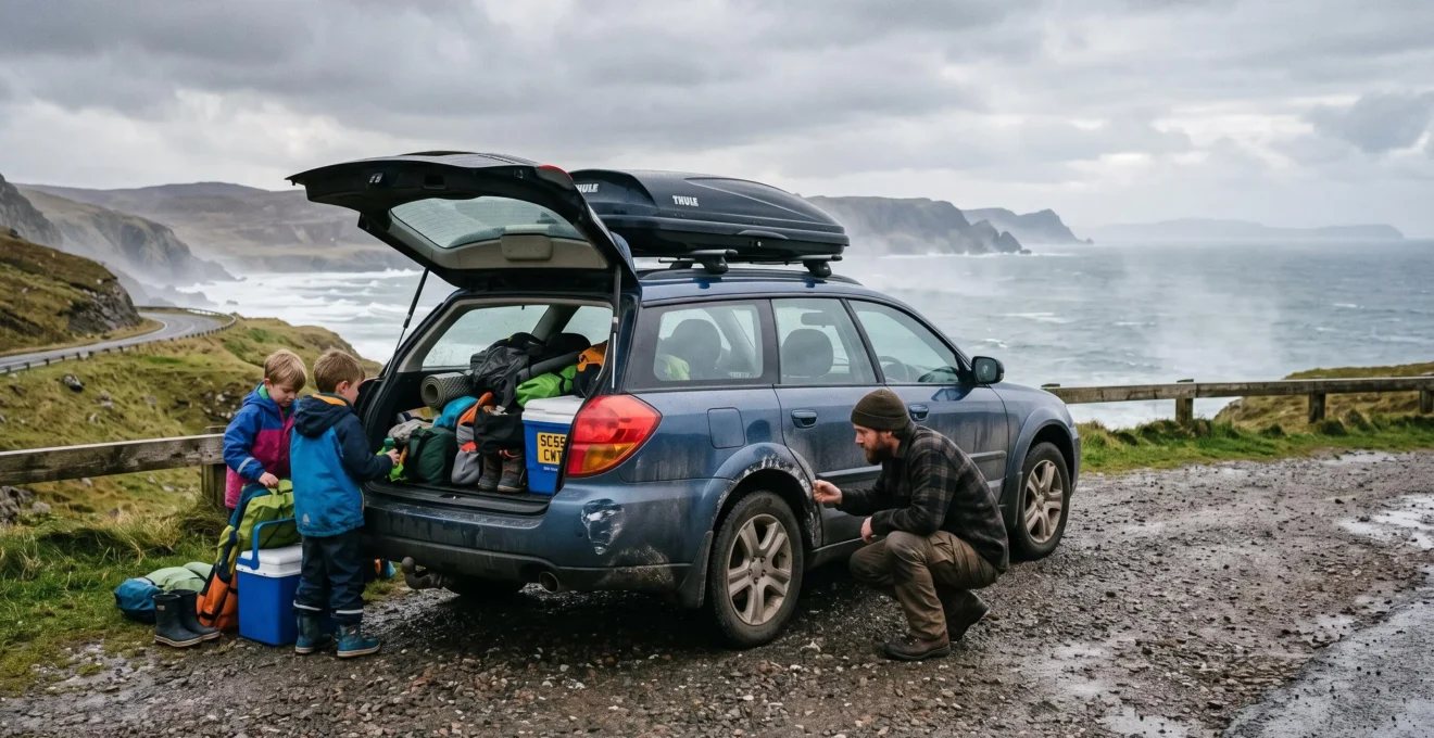 A family camping SUV parked at a coastal scenic pull-off while a parent inspects the wheel arch for salt residue and paint chips.
