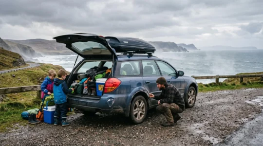 A family camping SUV parked at a coastal scenic pull-off while a parent inspects the wheel arch for salt residue and paint chips.