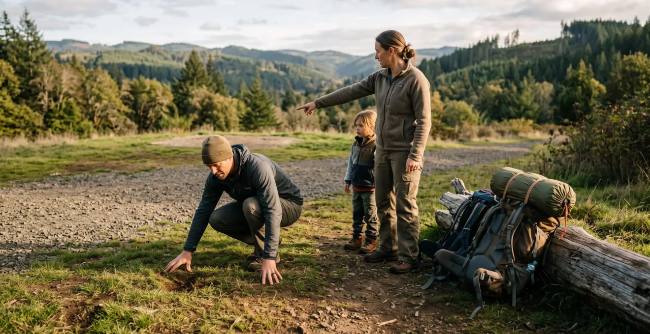 A family examines and tests the ground of a clearing in a wooded hilly landscape before pitching their tent for the night.