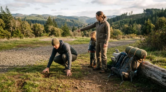 A family examines and tests the ground of a clearing in a wooded hilly landscape before pitching their tent for the night.