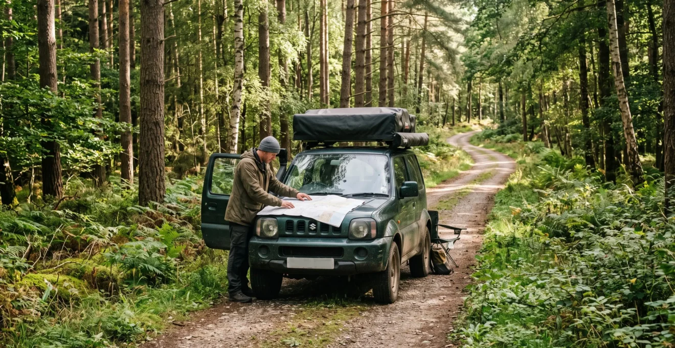 A 4x4 vehicle with a roof tent parked on a compacted forest track while a man studies a paper map on the bonnet.