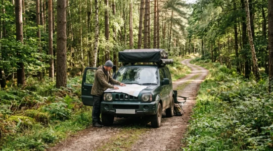A 4x4 vehicle with a roof tent parked on a compacted forest track while a man studies a paper map on the bonnet.