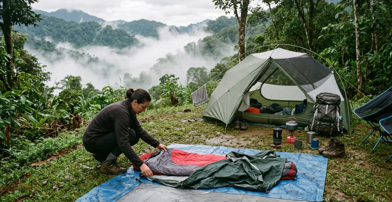 A family campsite on an elevated ventilated clearing in humid weather, with a double-wall tent aired open and camping gear spread out to dry on a tarp.